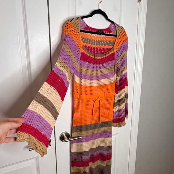 Vici By The Sea Crochet Maxi Cover Up Dress Size Small Striped Pink Orange - Picture 3 of 8